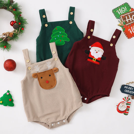 Baby Christmas 3-Piece Set | Cotton Undershirt & Pants + Corduroy Overalls-497