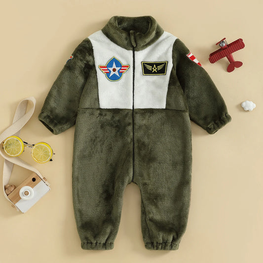 Baby Pilot Costume Plush Romper, Zip Up Jumpsuit-483