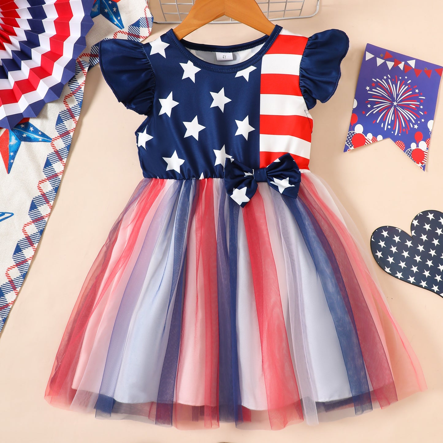 U.S. Independence Day: Girls' Stars and Stripes Print Tulle Dress-441