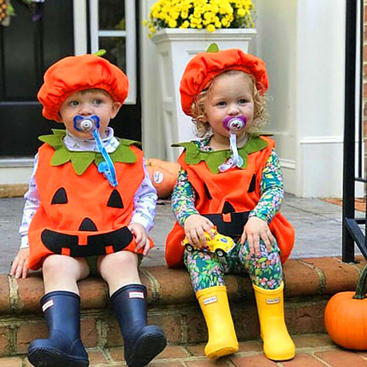 Baby Pumpkin Costume Outfit – Plush Hat & Ghost Face Romper | Halloween -136