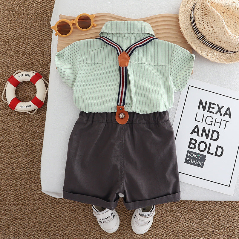 Toddler Gentleman's Formal Summer Suit 3PCS | Shirt + Overalls + Bow Tie-94