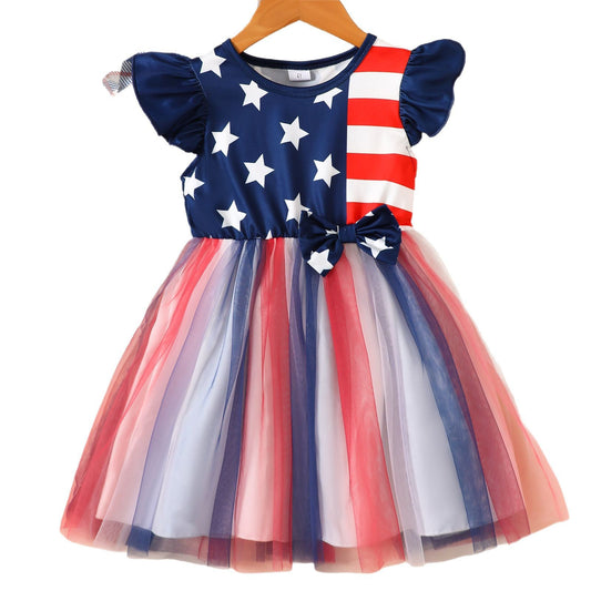 U.S. Independence Day: Girls' Stars and Stripes Print Tulle Dress-441