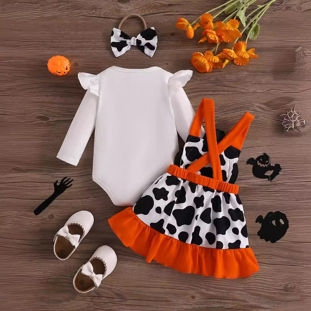 Halloween Costume Onesie, Overalls, Bow Headband Set-419
