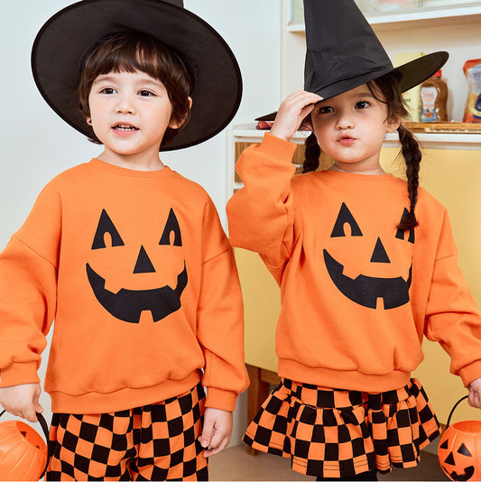 Toddler Halloween Pumpkin Face Sweatshirt Set-157