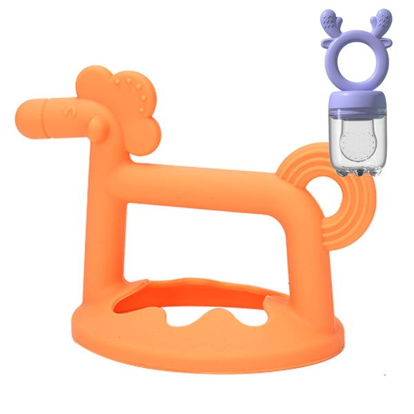 3D Horse Baby Silicone Teether | Firm Gum Relief + Fruit Feeder Set