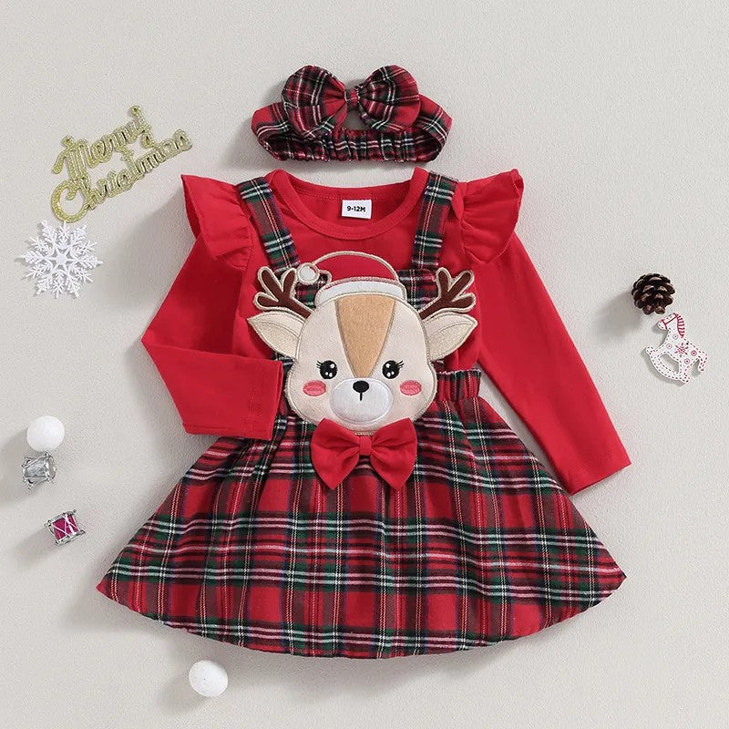 Baby Girl Christmas Outfit | Reindeer Suspender Skirt & Red Bodysuit Red / 9to12 Baby Girl Christmas Outfit | Reindeer Suspender Skirt & Red Bodysuit Red / 9to12
