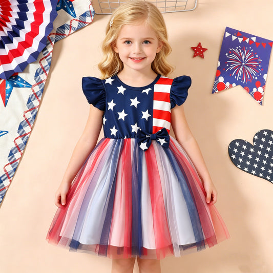 U.S. Independence Day: Girls' Stars and Stripes Print Tulle Dress-441
