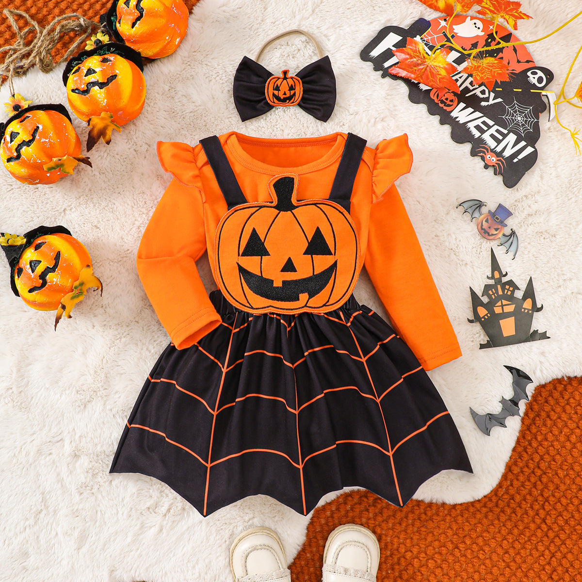 Halloween Costume Onesie, Overalls, Bow Headband Set-419