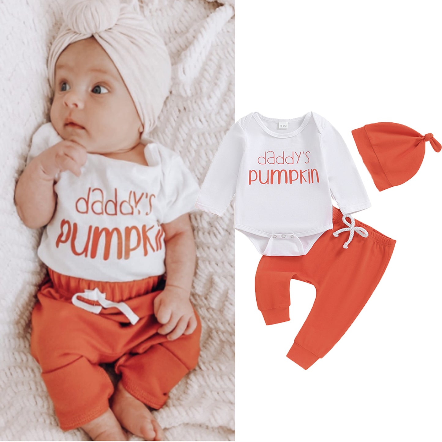 "Daddy's Pumpkin" Baby Halloween 3-Piece Set – Onesie, Pants & Hat-354