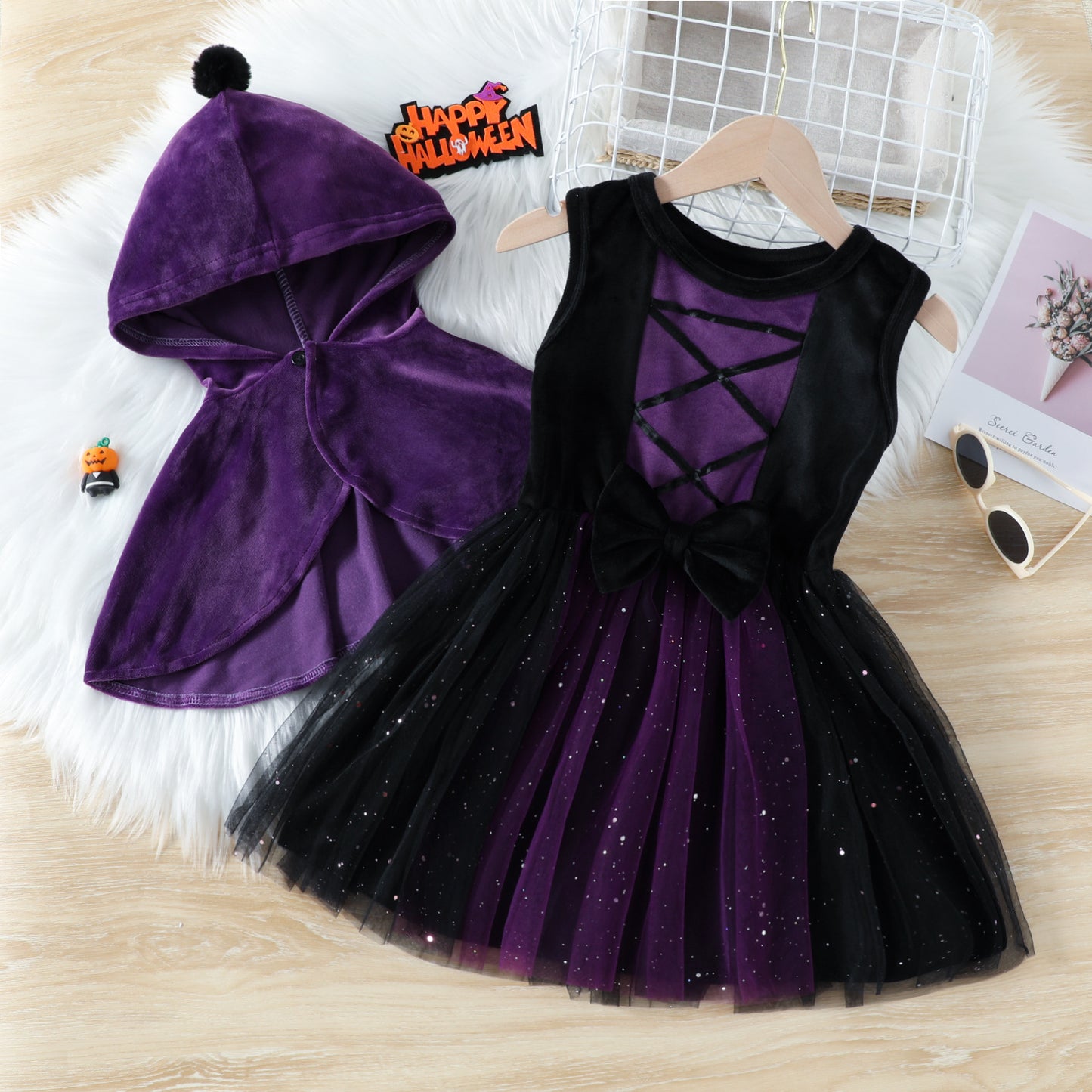 Halloween Hooded Cape and Tulle Dress Two-Piece Set-417