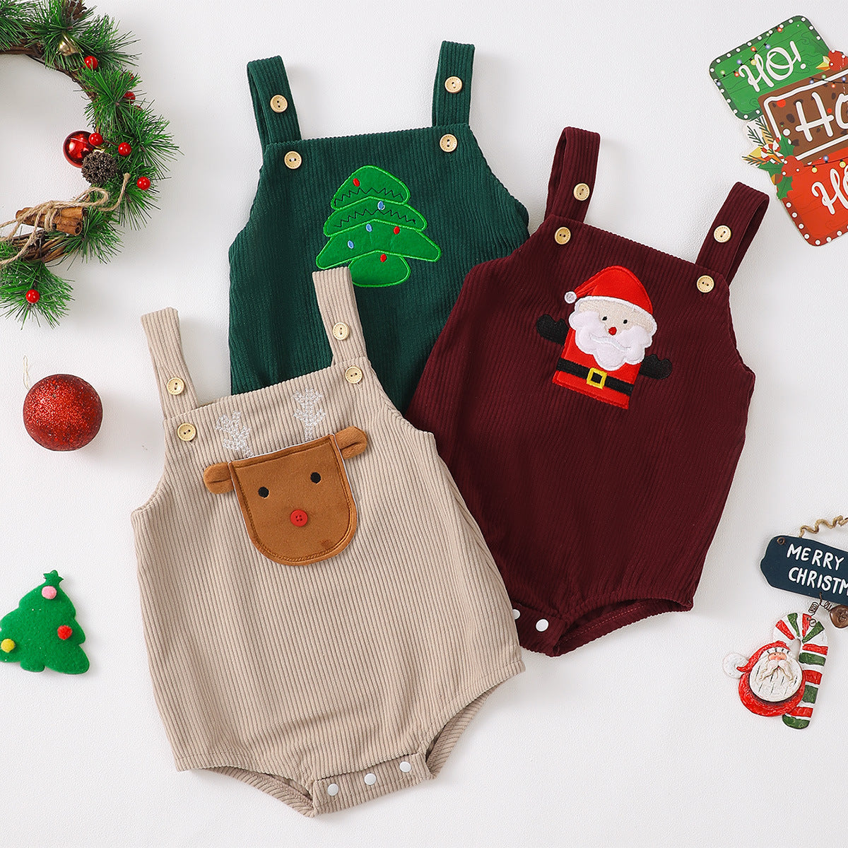 Baby Christmas 3-Piece Set | Cotton Undershirt & Pants + Corduroy Overalls-497