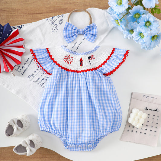 Baby Girls' Navy Blue Checkered Ruffle-Sleeve Onesie-448