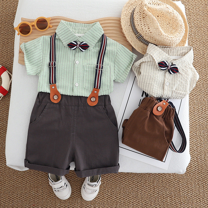 Toddler Gentleman's Formal Summer Suit 3PCS | Shirt + Overalls + Bow Tie-94
