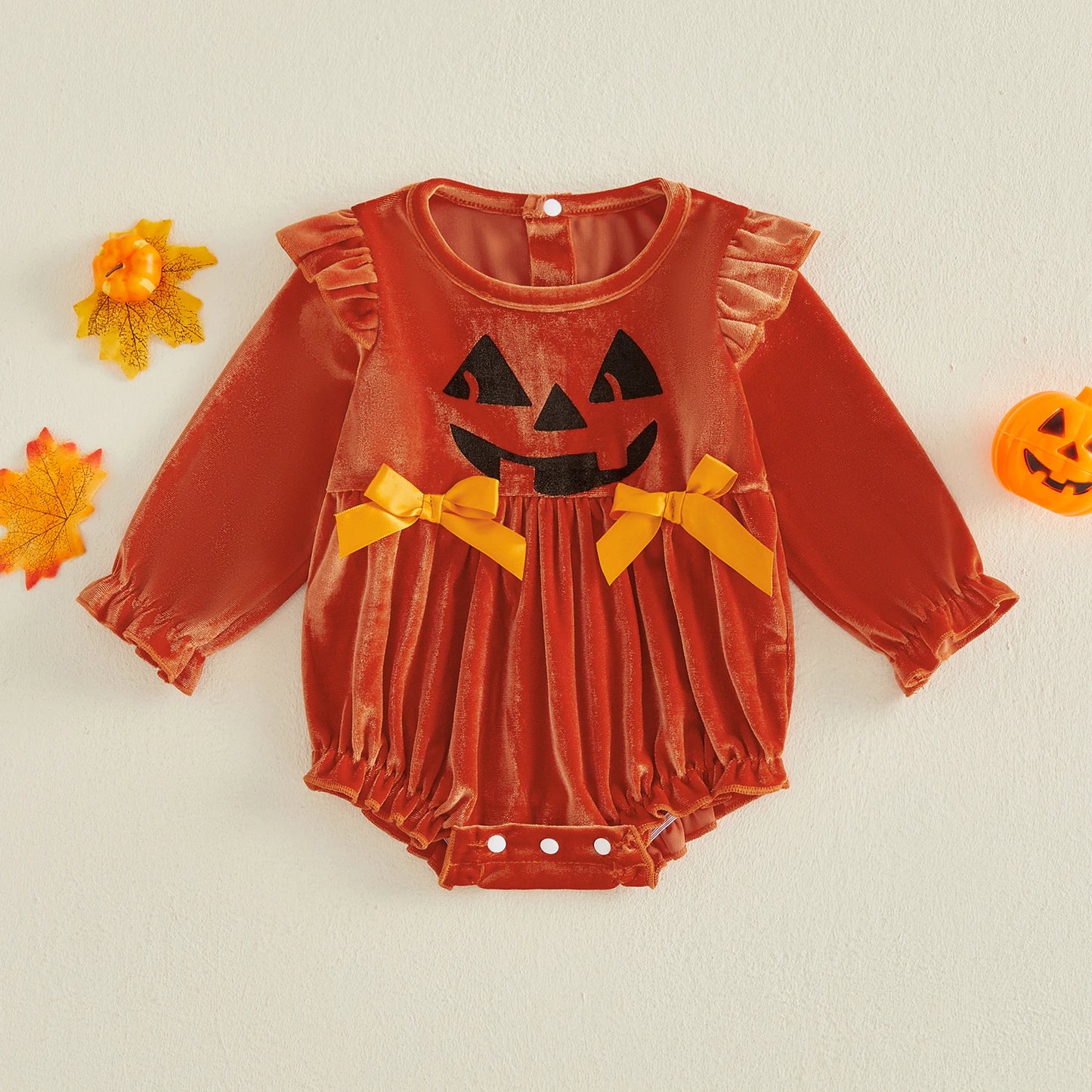 Baby Girl Halloween Pumpkin Face Velvet Onesie-452