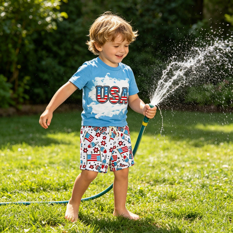 USA Independence Day Boys' Two-Piece Set with “USA” Print-444