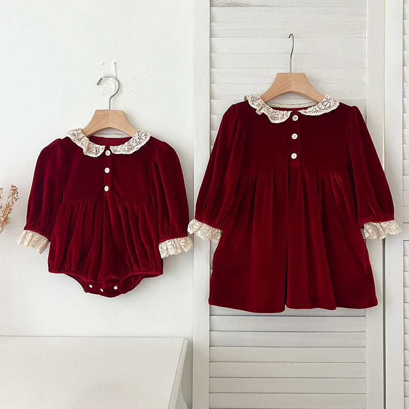 Red Velvet Dresses and Onesie for Baby Sisters-487