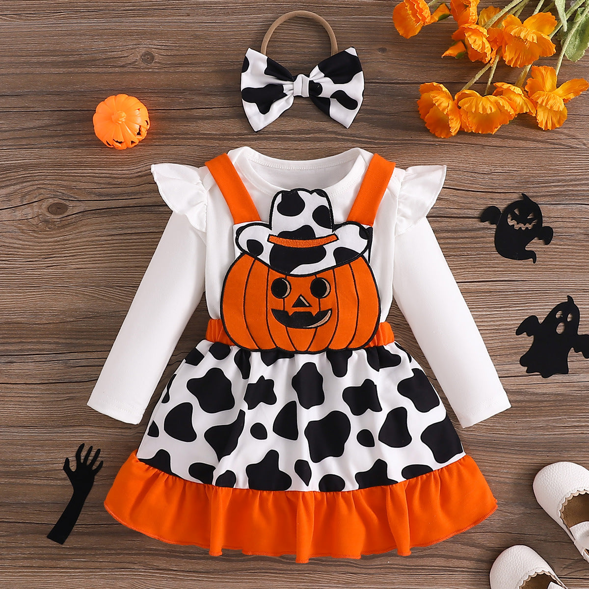 Halloween Costume Onesie, Overalls, Bow Headband Set-419