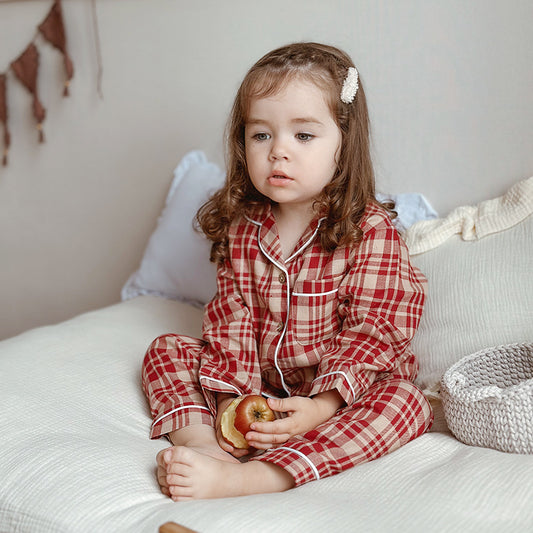 Toddler 100% Cotton Checkered Pajamas Loungewear-318