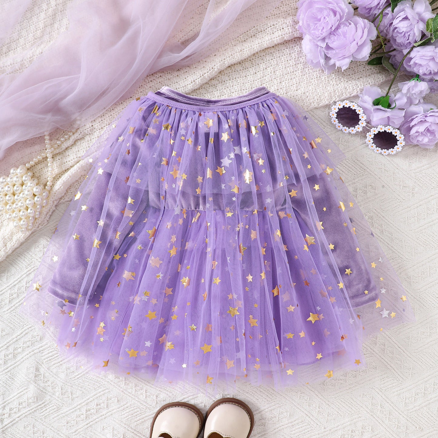 Halloween Star-Print Tulle Dress Cape Set-433