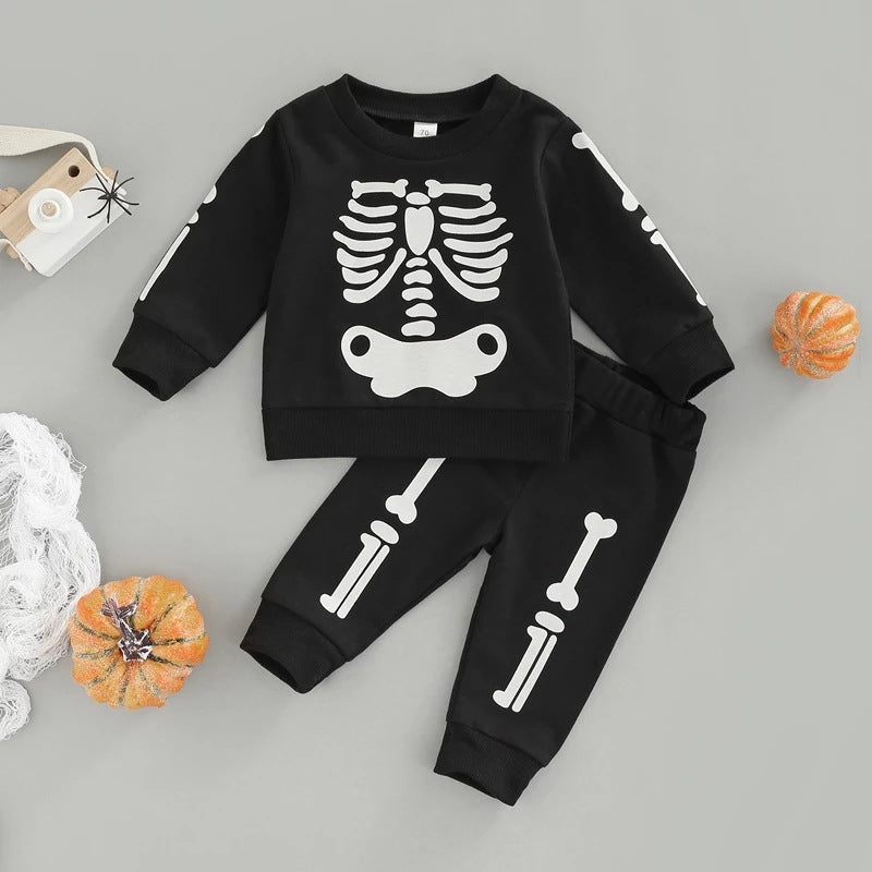 Baby Boy Skeleton-Print Sweatshirt & Pants Set – 2-Piece Halloween Outfit-355