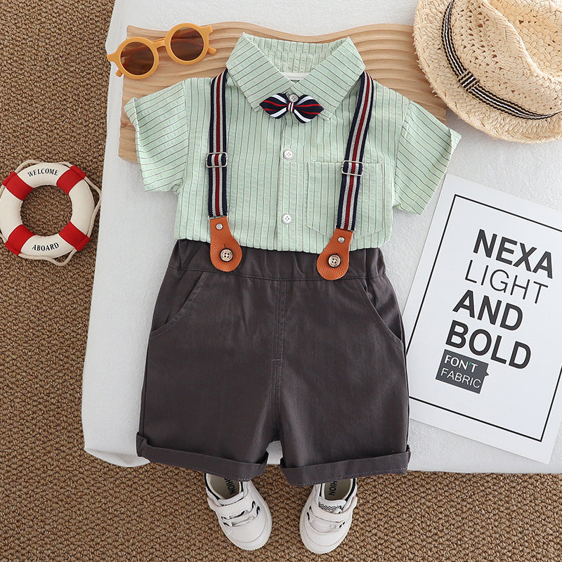 Toddler Gentleman's Formal Summer Suit 3PCS | Shirt + Overalls + Bow Tie-94