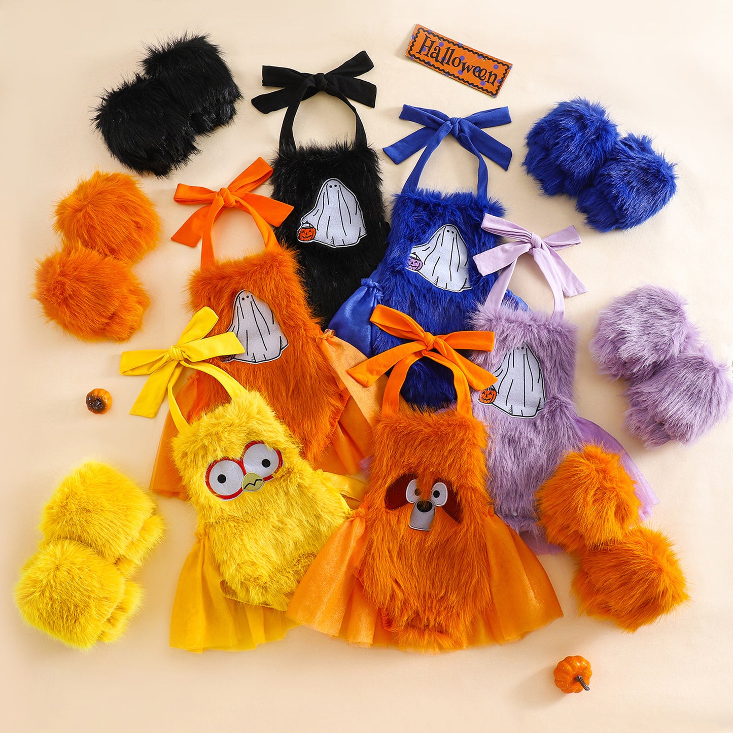 Baby Girl Halloween Fleece Rompers Dress with Gloves-468