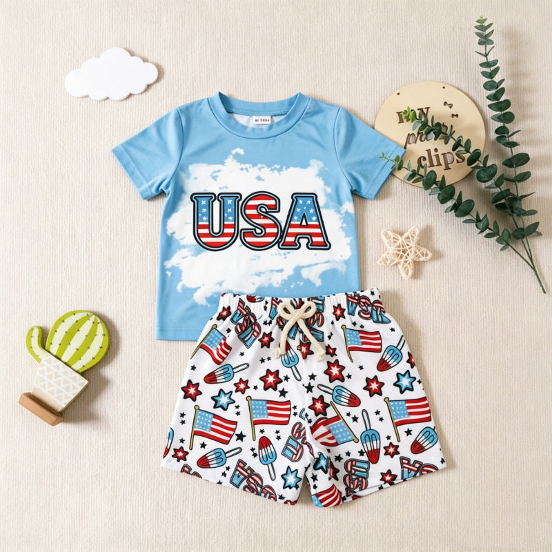 USA Independence Day Boys' Two-Piece Set with “USA” Print-444