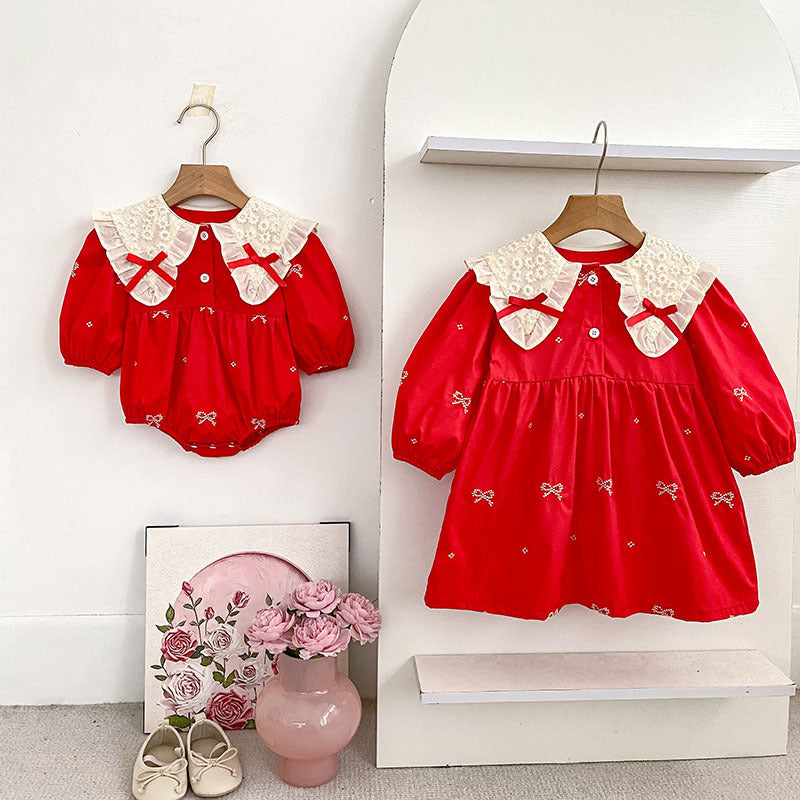 Bow-Tie Dresses and Onesie for Baby Sisters-478