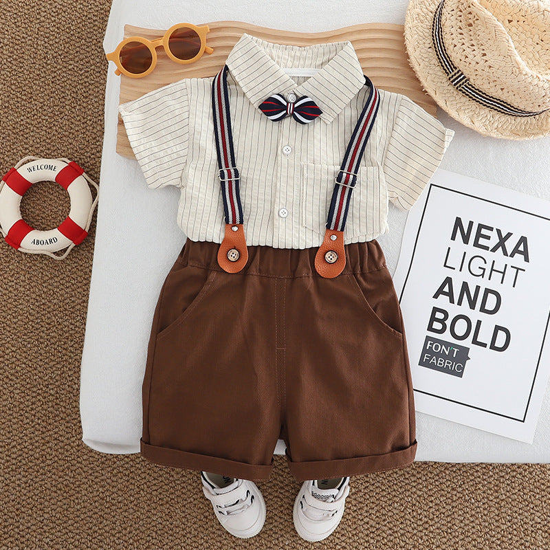 Toddler Gentleman's Formal Summer Suit 3PCS | Shirt + Overalls + Bow Tie-94