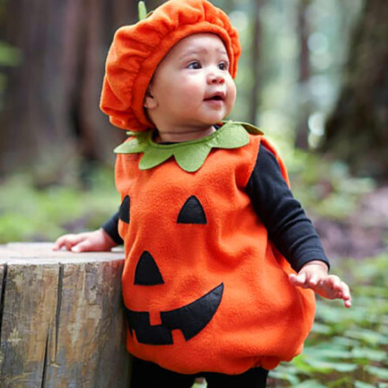 Baby Pumpkin Costume Outfit – Plush Hat & Ghost Face Romper | Halloween -136