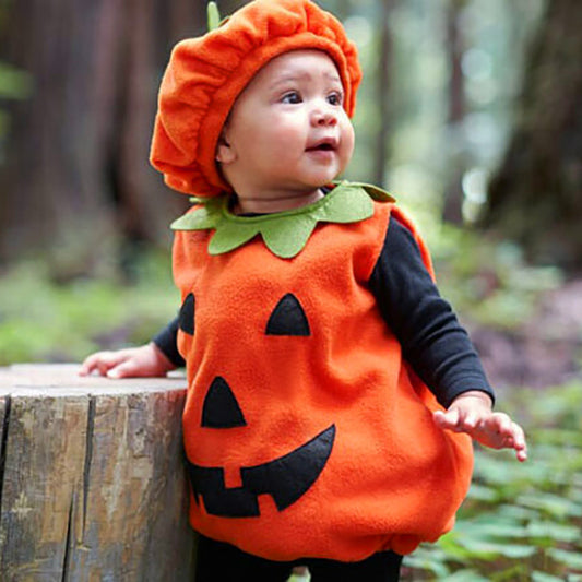Baby Pumpkin Costume Outfit – Plush Hat & Ghost Face Romper | Halloween -136
