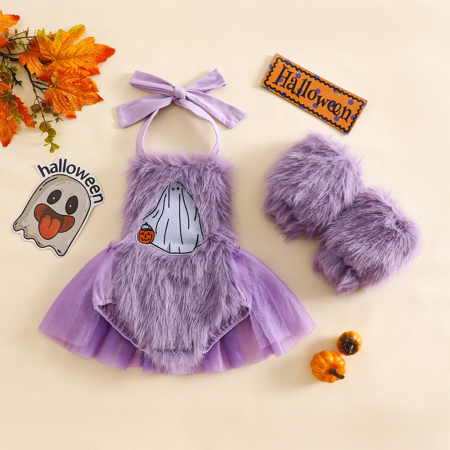 Baby Girl Halloween Fleece Rompers Dress with Gloves-468