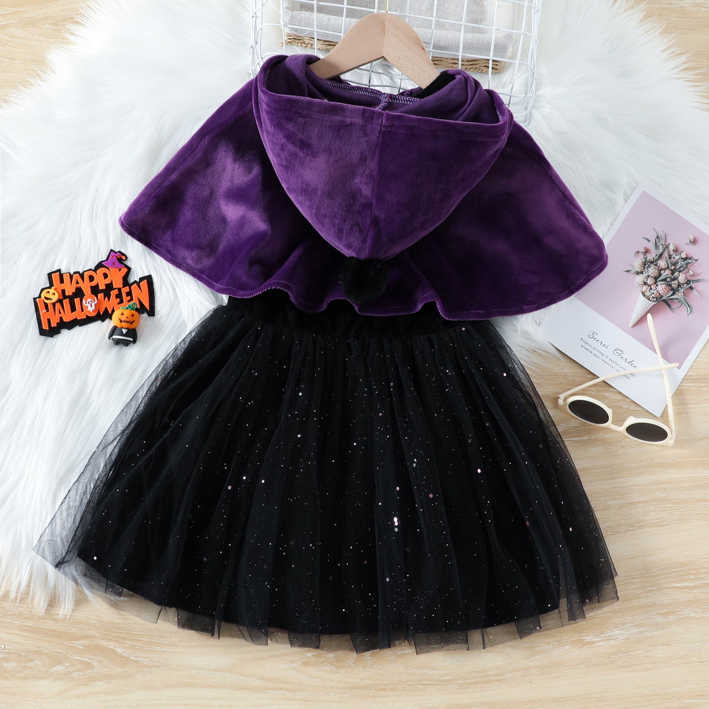 Halloween Hooded Cape and Tulle Dress Two-Piece Set-417