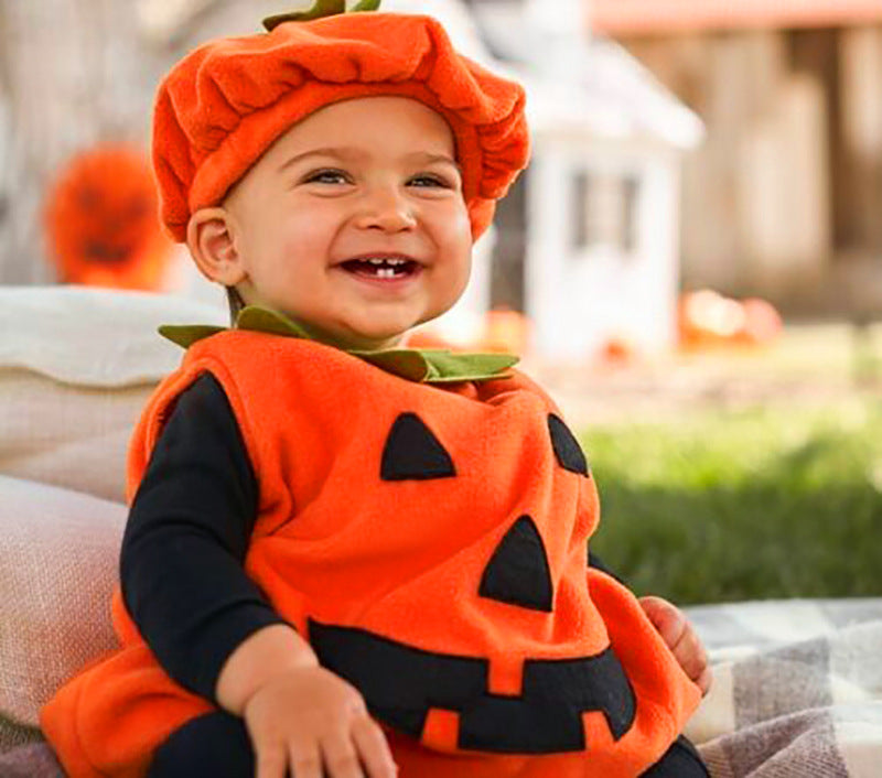 Baby Pumpkin Costume Outfit – Plush Hat & Ghost Face Romper | Halloween -136