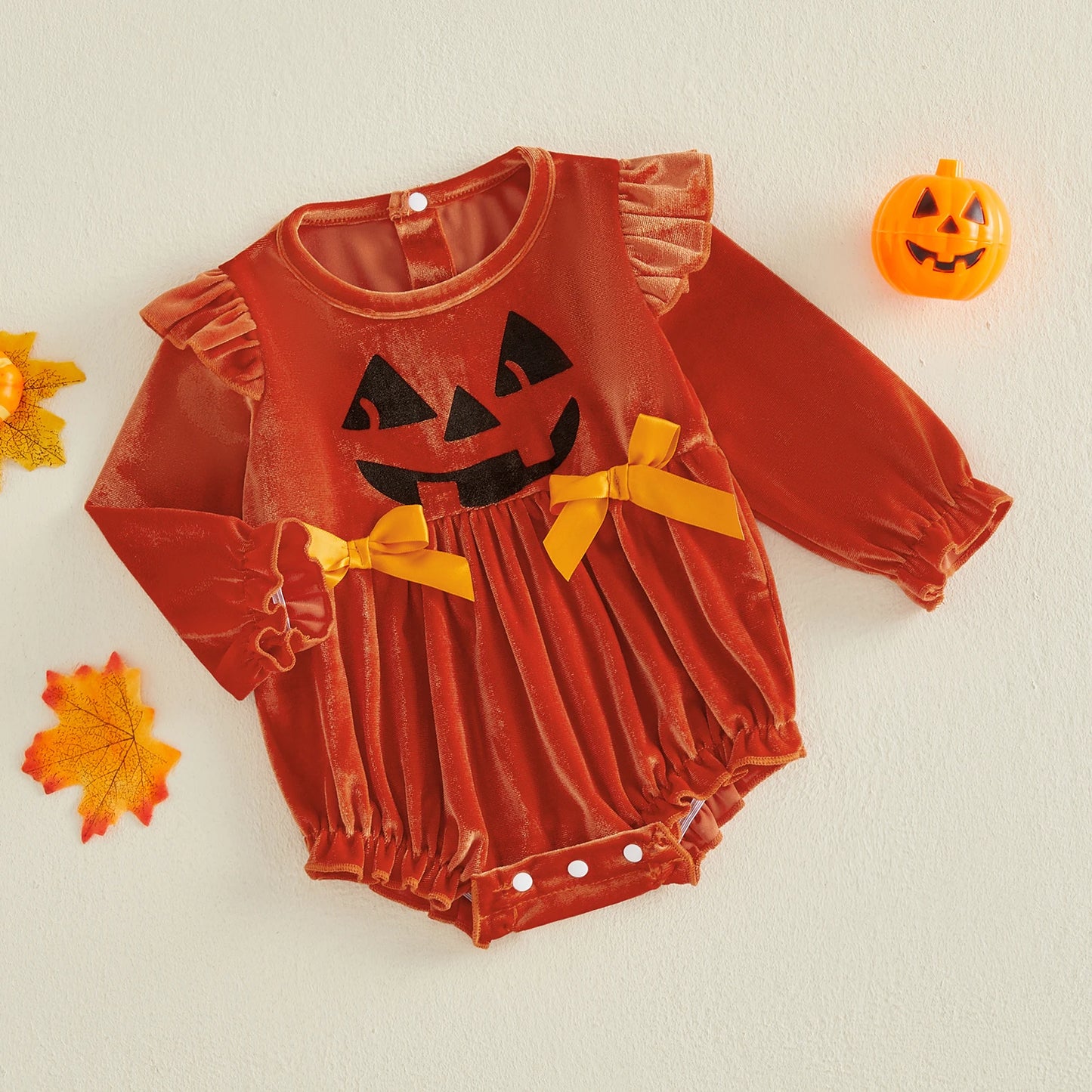 Baby Girl Halloween Pumpkin Face Velvet Onesie-452