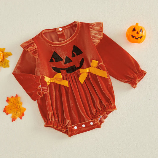 Baby Girl Halloween Pumpkin Face Velvet Onesie-452