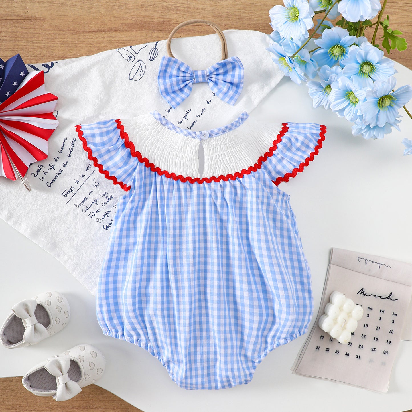 Baby Girls' Navy Blue Checkered Ruffle-Sleeve Onesie-448