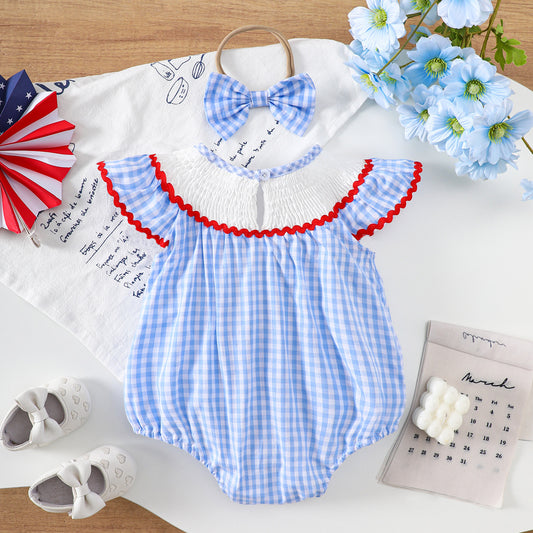 Baby Girls' Navy Blue Checkered Ruffle-Sleeve Onesie-448