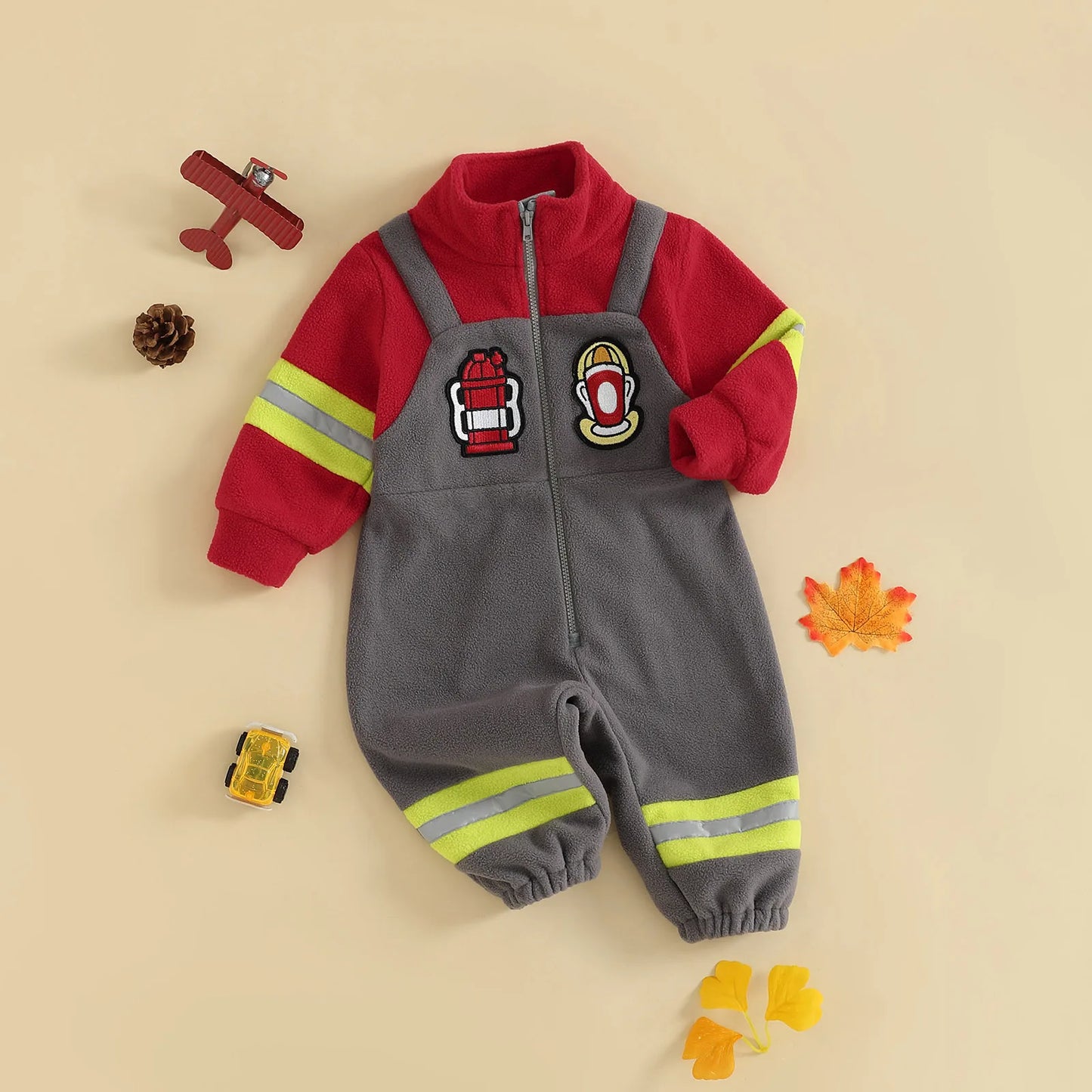Baby Firefighter Costume Plush Romper, Zip Up Jumpsuit-481