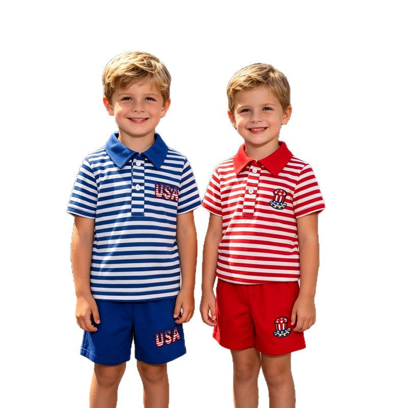 U.S. Independence Day Boy Polo Shirt and Shorts Two-Piece Set-443