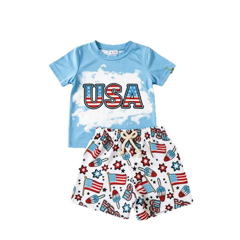 USA Independence Day Boys' Two-Piece Set with “USA” Print-444