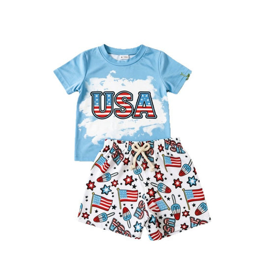 USA Independence Day Boys' Two-Piece Set with “USA” Print-444