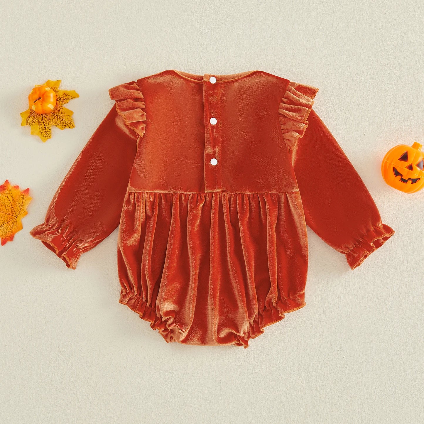 Baby Girl Halloween Pumpkin Face Velvet Onesie-452