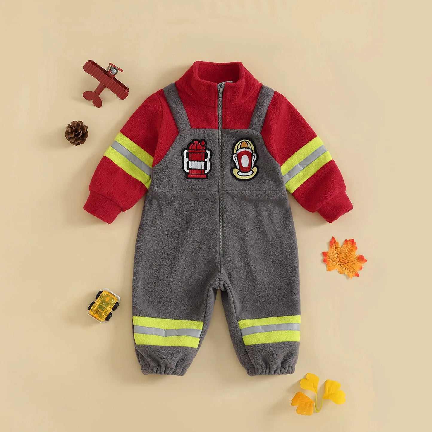 Baby Firefighter Costume Plush Romper, Zip Up Jumpsuit-481