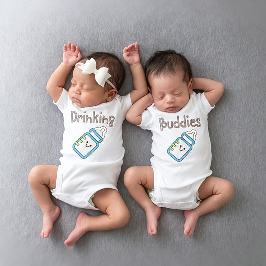 "Drinking Buddies" Twin Baby Onesie Set | Funny Twin Gift | 0-24M