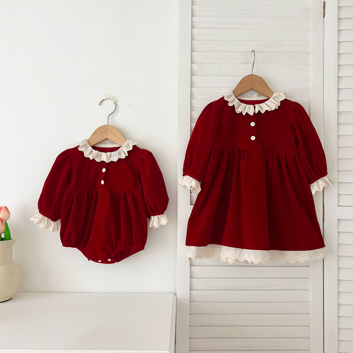 Red Velvet Dresses and Onesie for Baby Sisters-487
