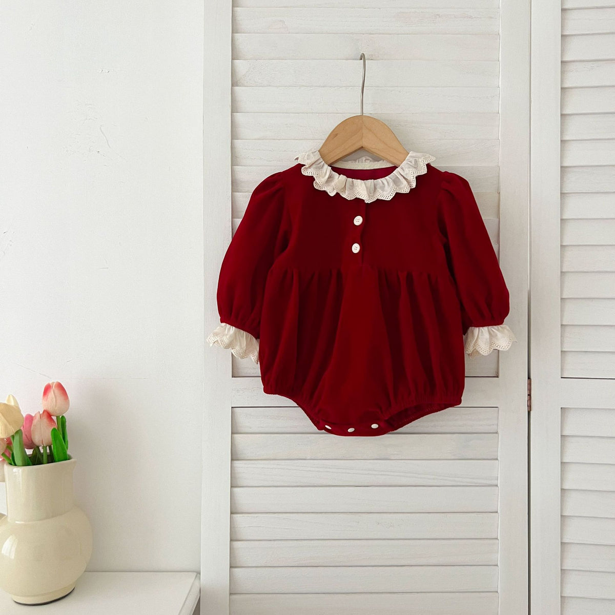 Red Velvet Dresses and Onesie for Baby Sisters-487