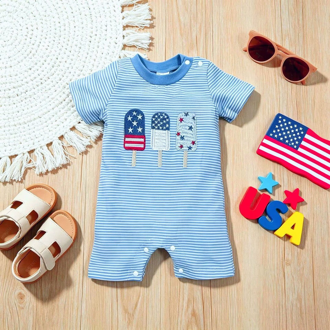 U.S. Independence Day Baby Flag Popsicle Embroidered Short-Sleeve Romper-440