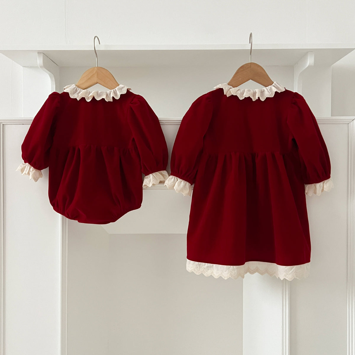 Red Velvet Dresses and Onesie for Baby Sisters-487