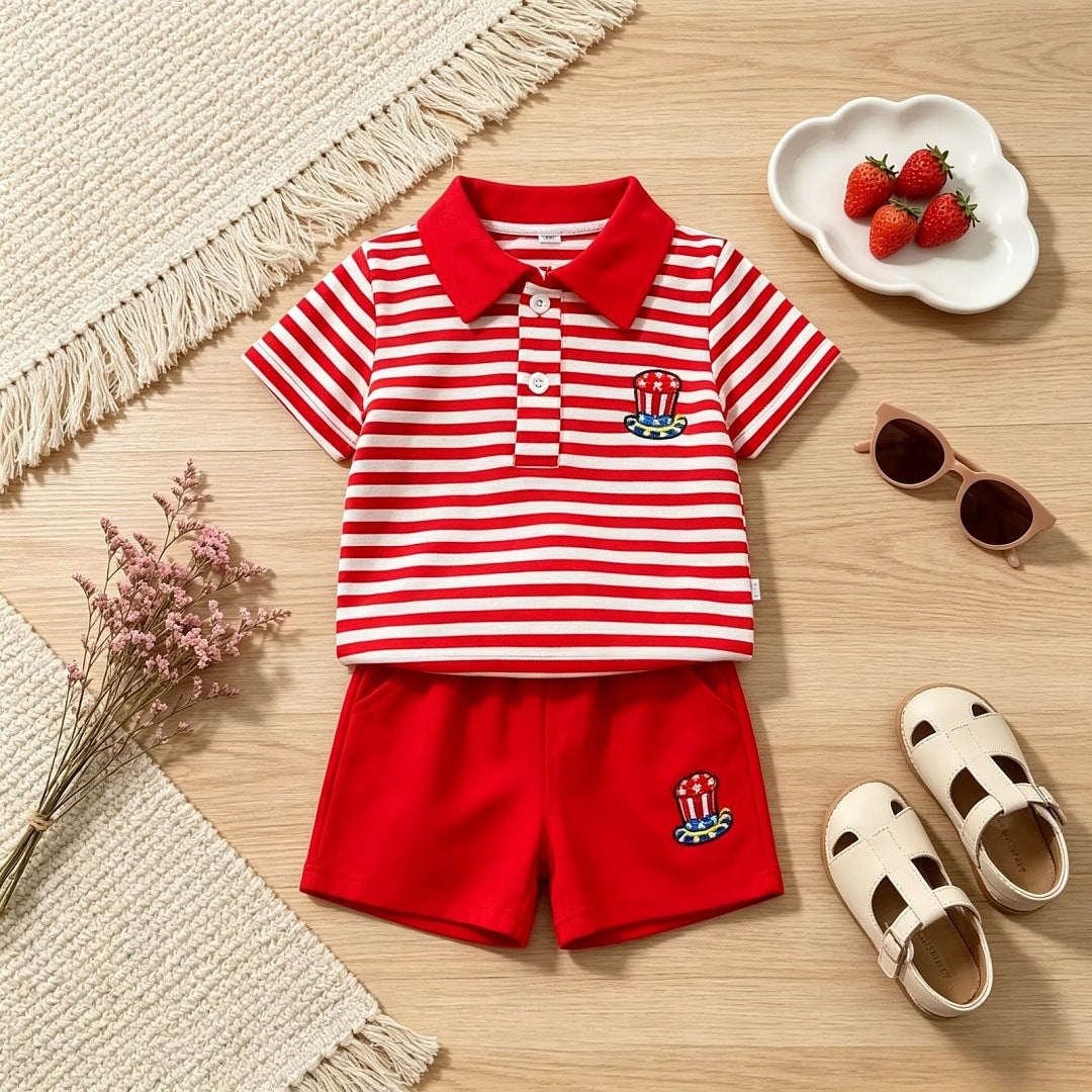 U.S. Independence Day Boy Polo Shirt and Shorts Two-Piece Set-443